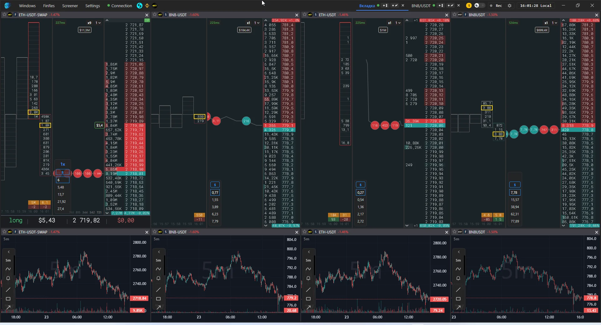 main window with an open instrument: order book, tape, clusters, chart