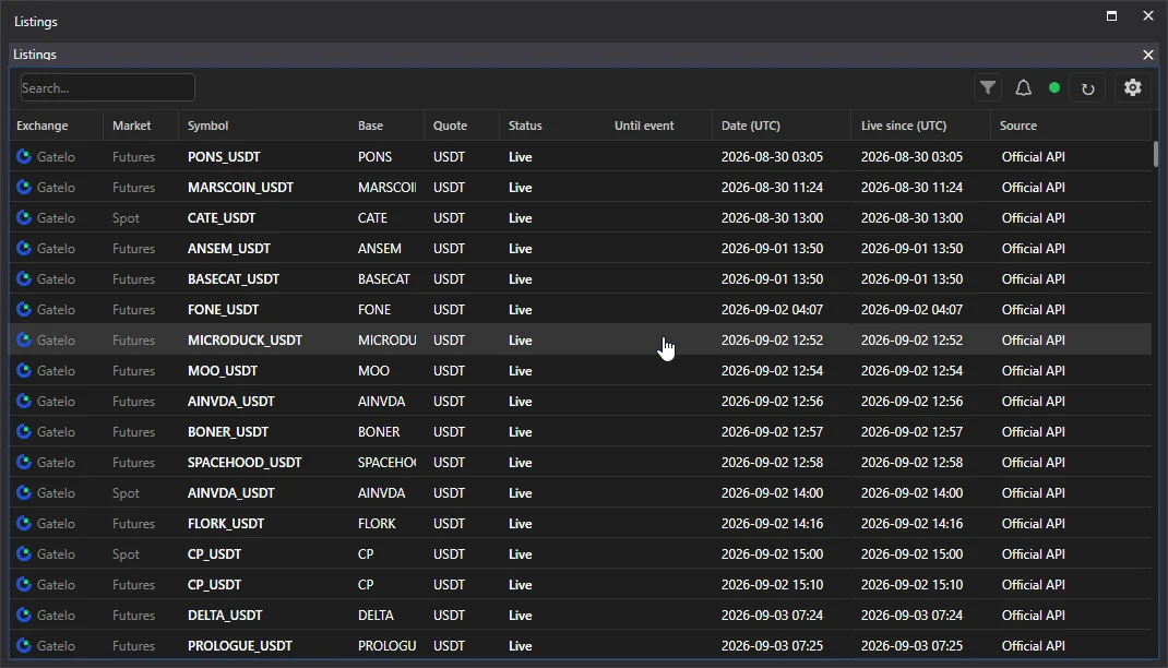 Listings panel with a countdown
