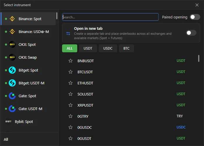 Select instrument window
